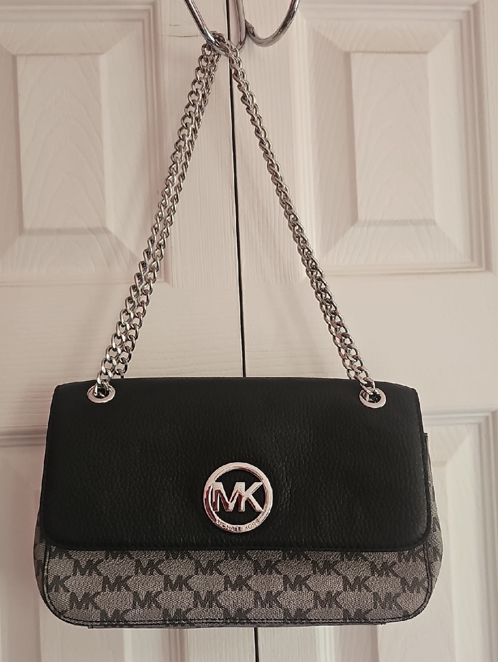 Michael Kors Black Leather & Gray MK Logo Chain Shoulder Bag